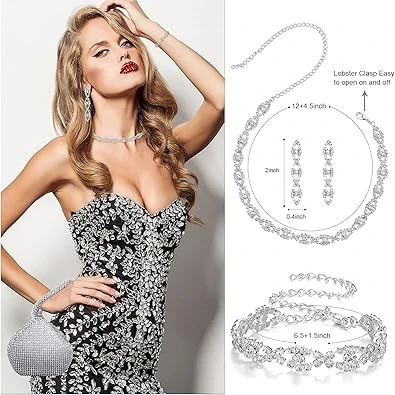 MTLEE 4 Pieces Rhinestone Necklace Choker Bracelet Earring Clutch Purses Jewelry Set Women Crystal Triangle Bling Diamond Purse Rhinestone Bag for Wedding Party