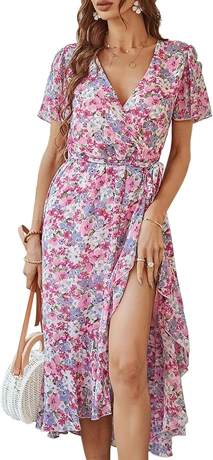 SYKT Women's Dresses Summer Bohemian Elegant Casual Short Sleeve Floral Print Midi Dress