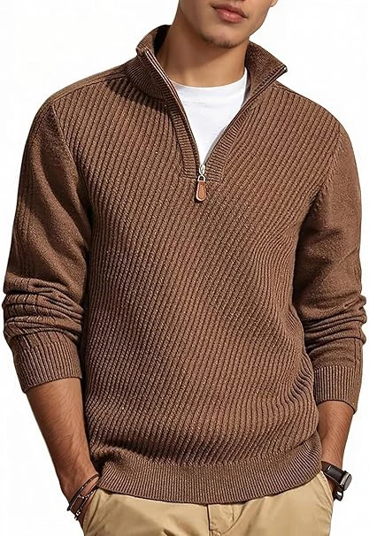 Runcati Mens Quarter Zip Pullover Slim Fit Lightweight Sweaters Casual Long Sleeve Knit Texture Sweater