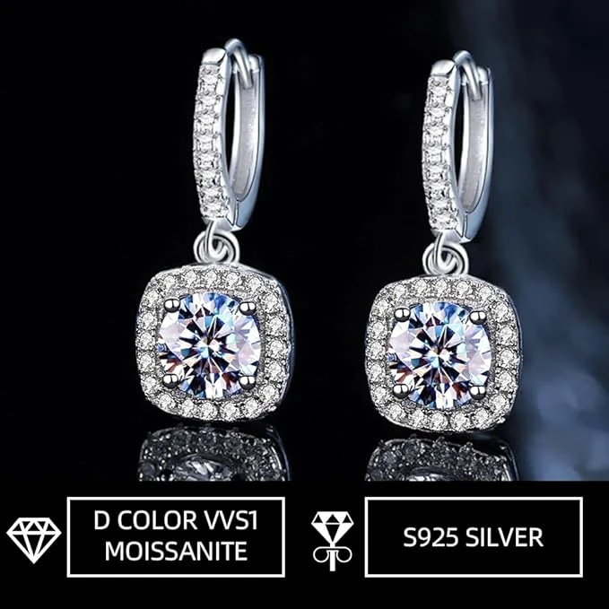 Ladies' moissanite pendant earrings. With 1 CT lab-grown moissanite diamonds. Made of 925 sterling silver plated with 18K white gold. Silver stud earrings. jewelry gift.