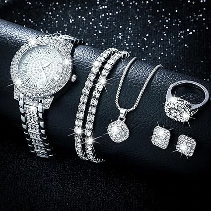 Tazweeq 7 Pcs Luxury Women Watch, and Bracelet Set Elegant Rhinestone Jewelry, Quartz Watch and Women's