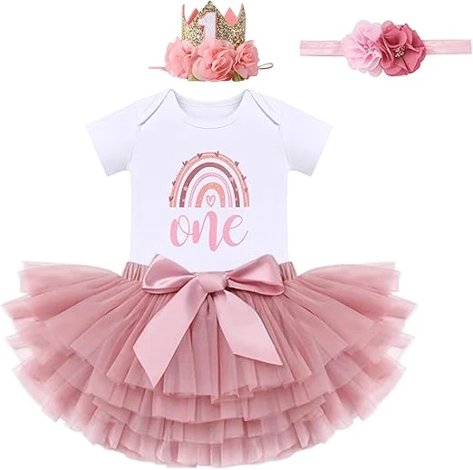 Baby Girl First Birthday Outfit,Floral Lace Romper Set,Boho 1st Birthday Tulle Tutu Dress Set for 1st Birthday,1st Flower Crown Headband for Photo Shoot Clothes,Birthday Party